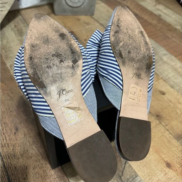 J.Crew Pointed Toe Mixed Stripe Bow Slides Blue White Mules Flats Fabric 7.5 - Picture 9 of 12